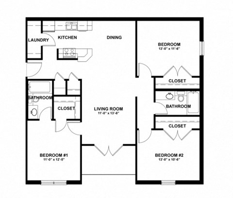 Floor plan for 3 beds, 2 baths, 1170 sqft